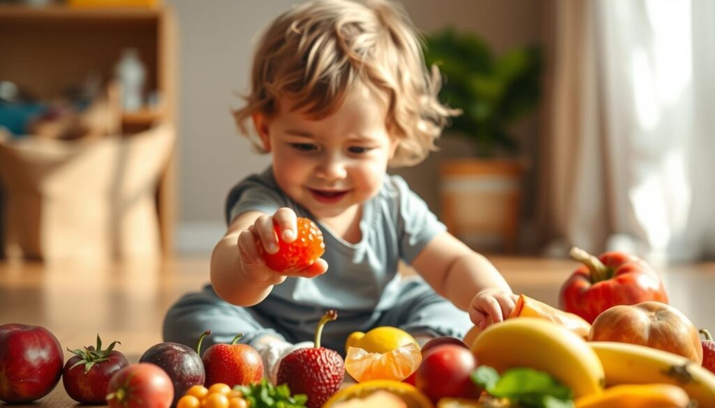 A cheerful, well-lit image of a toddler sitting on the floor, surrounded by a variety of colorful, age-appropriate food items. The child is reaching out to touch and examine a piece of soft, ripe fruit, their face filled with wonder and curiosity. The foreground is crisp and in focus, while the background is softly blurred, creating a sense of depth and emphasis on the child's exploration. Warm, natural lighting floods the scene, casting a gentle glow and highlighting the textures of the foods. The overall mood is one of discovery, excitement, and the beginning of a new stage in the child's dietary journey.