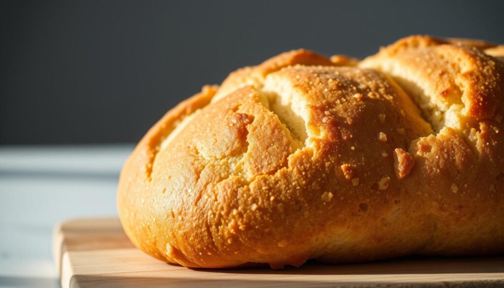 A close-up shot of a freshly baked low-carb bread loaf, its golden crust glistening under warm, natural lighting. The bread's dense, yet airy texture is visible, inviting the viewer to imagine its soft, nutty flavor. The composition focuses on the bread, with a clean, minimalist background that allows the subject to stand out. The image conveys a sense of health, simplicity, and the potential benefits of this low-carb alternative to traditional bread, aligning with the section title "Chleb niskowęglowodanowy – czy warto?".