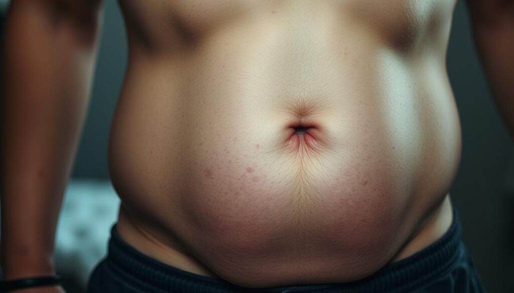 A close-up shot of a person's stomach, showing signs of discomfort and bloating due to the side effects of an egg-based diet. The skin appears slightly reddened and the abdomen is slightly distended, giving the impression of mild gastrointestinal distress. The lighting is soft and slightly muted, creating a slightly somber and contemplative mood. The background is blurred and out of focus, keeping the attention on the central subject. The overall composition is balanced and emphasizes the central subject, conveying the unintended consequences of an extreme dietary regimen.