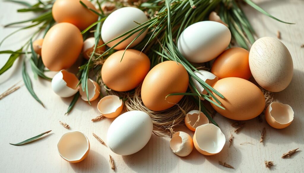 A close-up shot of a variety of fresh eggs arranged on a light wooden surface, with natural lighting illuminating the scene. The eggs are nestled among earthy elements like grass, leaves, and scattered eggshells, creating a rustic, minimalist composition. The image conveys a sense of simplicity, purity, and the core principles of the egg-based diet, with a soft, warm color palette and a focus on the natural, unprocessed nature of the ingredients.