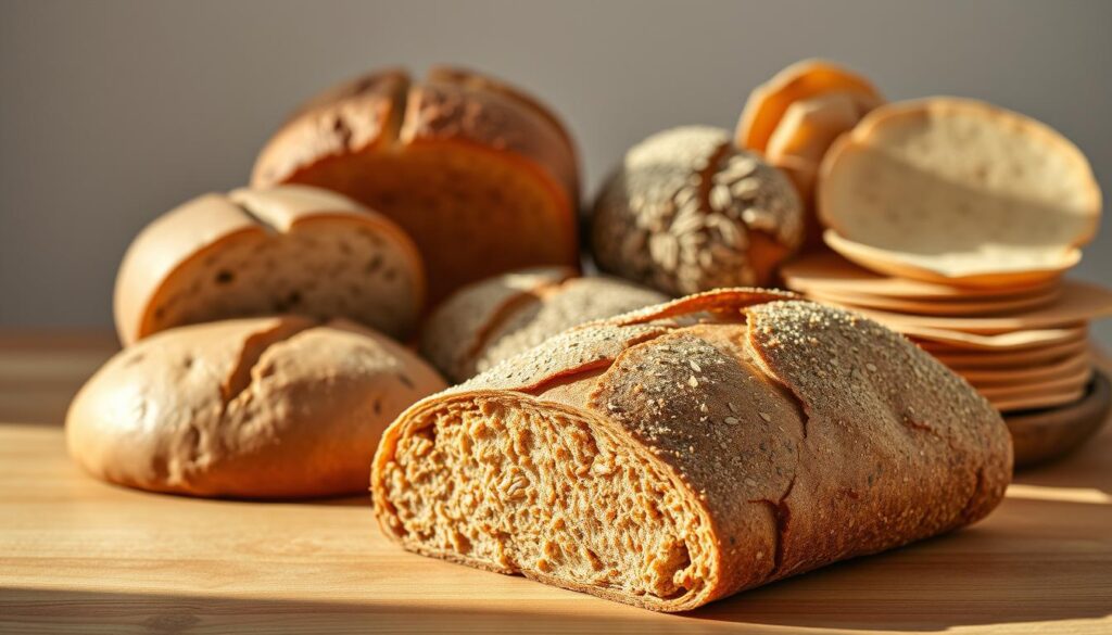 A close-up shot of an assortment of healthy breads on a wooden table, bathed in warm, natural lighting. In the foreground, a sliced loaf of dense, nutty-colored whole grain bread, its texture inviting. In the middle, an array of different bread varieties, including a fluffy wheat roll, a seeded rye crisp, and a thin, crispy flatbread. The background features a simple, minimalist setting, allowing the breads to take center stage. The overall mood is one of simplicity, wholesomeness, and a focus on nutritious, diet-friendly options.