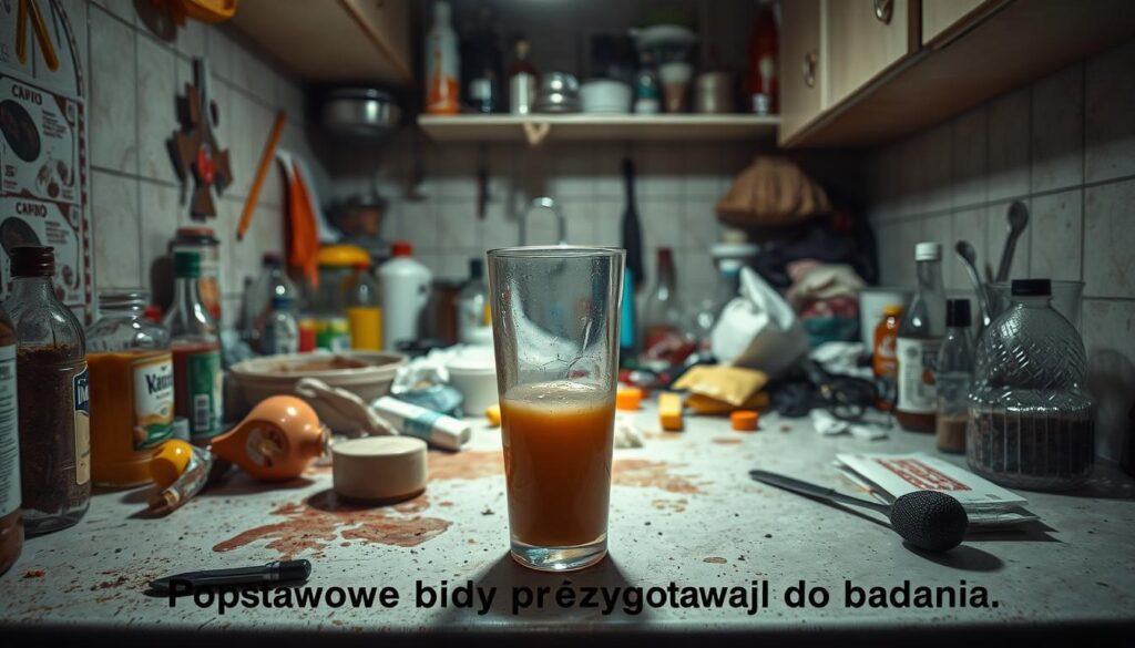 A cluttered kitchen counter, stained with spills and littered with discarded food items. Haphazardly arranged bottles, packages, and utensils suggest hurried, careless preparation. Dim, unflattering lighting casts shadows, creating a sense of disorganization and neglect. In the foreground, a half-empty glass of murky liquid sits precariously, representing the mistakes made during the crucial liquid diet phase before a colonoscopy. The overall scene conveys the "Podstawowe błędy podczas przygotowań do badania" - the fundamental errors that can occur when failing to properly prepare for this important medical examination.