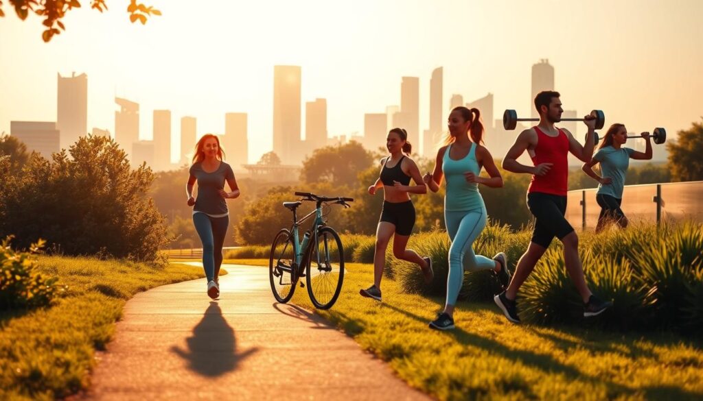 A comparison of walking to other forms of physical activity, depicted through a vibrant, realistic scene. In the foreground, a person strolling through a lush, sun-dappled park, their stride confident and relaxed. In the middle ground, various individuals engaged in other exercises - cycling, jogging, and weightlifting - all set against a backdrop of a modern city skyline. The lighting is warm and natural, casting a golden glow over the entire composition. The scene conveys a sense of balance, highlighting the versatility and benefits of walking as an accessible, enjoyable form of fitness, alongside more intensive workout options. The overall mood is one of health, vitality, and the pursuit of an active lifestyle.