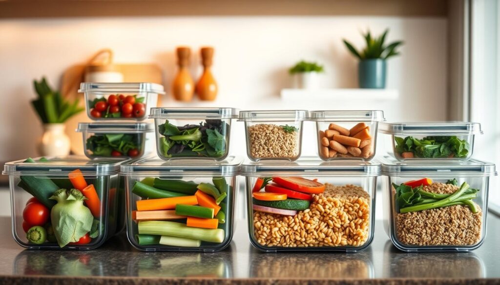 A cozy kitchen counter with various meal prep containers neatly arranged, showcasing a balanced and cost-effective diet. Fresh vegetables, lean proteins, and healthy grains fill the containers, demonstrating how a meal delivery service can help save money while maintaining a nutritious lifestyle. Warm lighting casts a comforting glow, and a simple, minimalist design emphasizes the practicality and sustainability of this meal planning approach. The scene conveys a sense of organization and mindful spending, inspiring the viewer to consider how a meal delivery subscription can optimize their budget and dietary needs.