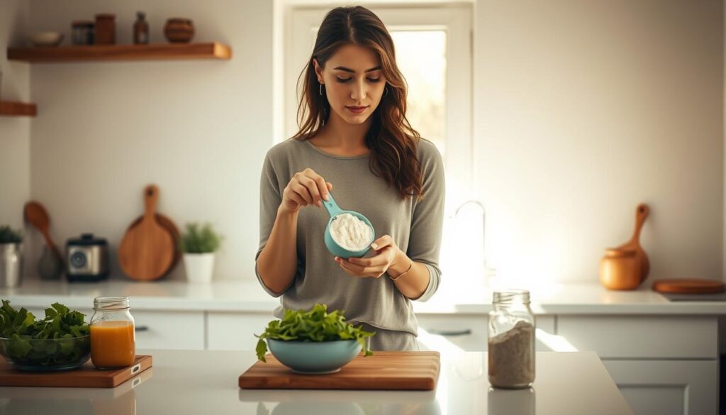 A cozy kitchen scene with a woman standing at a counter, preparing keto-friendly ingredients. Soft natural lighting streams in from a window, casting a warm glow. The countertop is clean and uncluttered, with a cutting board, a bowl of mixed greens, and a jar of high-fat condiment. The woman's expression is focused and determined as she measures a serving of almond flour. The background features minimalist decor, hinting at a journey towards a healthier lifestyle. The overall mood is one of mindfulness and a sense of a fresh start.