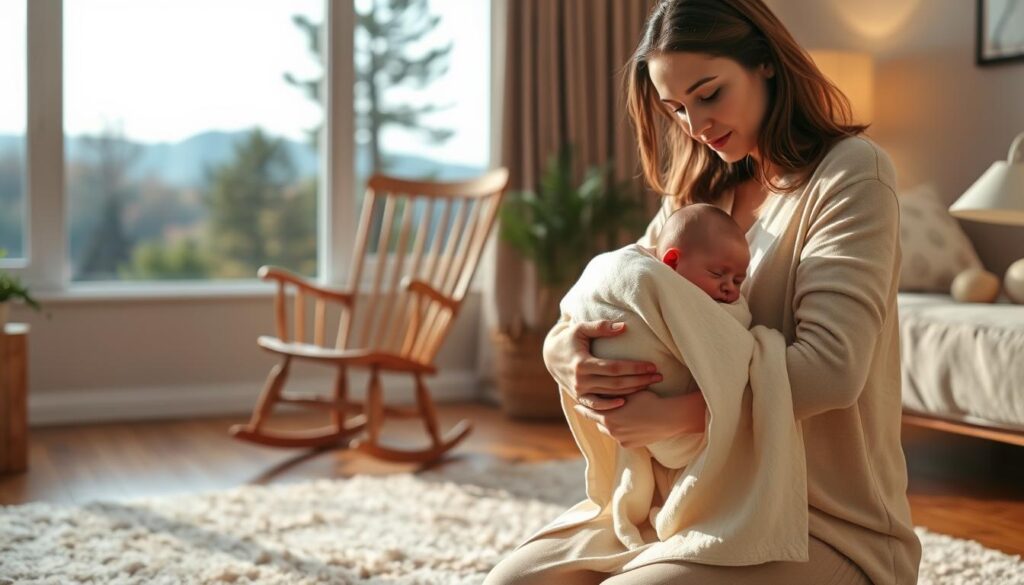 A cozy living room with a plush rug and warm lighting. In the foreground, a young mother carefully wraps her newborn baby in a soft, organic cotton blanket, ensuring the infant is snug and protected. The baby's face is visible, capturing their peaceful expression. In the middle ground, a wooden rocking chair stands ready, suggesting a tranquil moment of bonding between mother and child. The background depicts a picturesque landscape outside the window, with trees and a clear sky, hinting at the upcoming outdoor adventure. The overall scene conveys a sense of nurturing care, anticipation, and the beauty of a new life starting its journey.