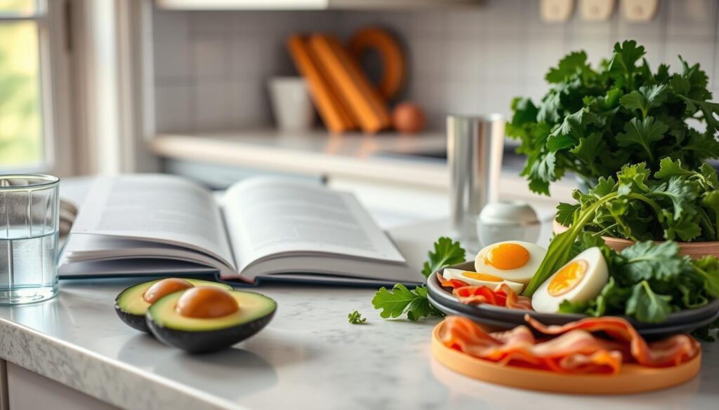 A cozy, well-lit kitchen countertop with an open cookbook, a glass of water, and a variety of healthy keto-friendly ingredients such as avocados, eggs, bacon, and leafy greens. The scene has a warm, inviting atmosphere, with soft natural lighting and a clean, minimalist aesthetic. The focus is on the preparation and start of a ketogenic diet, conveying a sense of simplicity, nutrition, and the first steps towards a healthier lifestyle.