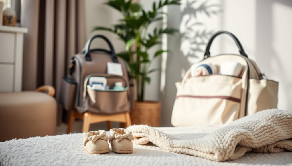 A cozy, well-lit nursery scene showcasing an array of essential accessories for a newborn's outdoor adventure. In the foreground, a soft, plush stroller blanket in a neutral palette complements a pair of tiny, adorable booties. In the middle ground, a stylish, functional diaper bag rests on a wooden side table, its pockets brimming with neatly organized essentials. In the background, a tall, leafy houseplant casts a gentle, natural glow, creating a serene and inviting atmosphere. The overall composition evokes a sense of comfort, practicality, and the excitement of a newborn's first outdoor excursion.