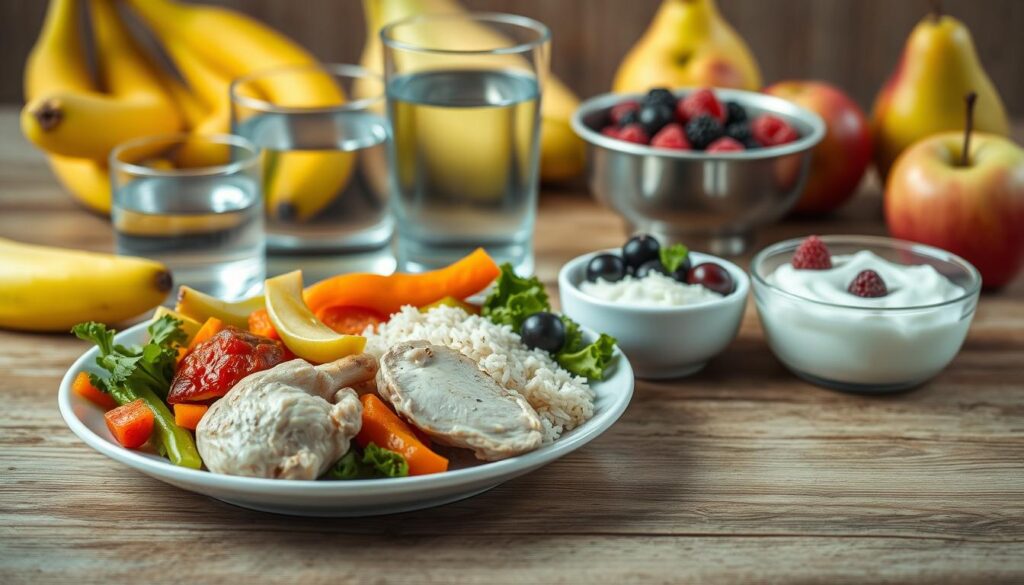 A crisp, well-lit photograph of a selection of healthy, easily digestible foods arranged on a wooden table. In the foreground, a plate showcases a portion of boiled chicken, steamed vegetables, and a small serving of basmati rice. In the middle ground, a glass of water and a bowl of plain yogurt with fresh berries. In the background, a few whole fruits such as bananas, pears, and apples create a natural, earthy ambiance. The lighting is soft and diffused, highlighting the vibrant colors and textures of the meal. The overall composition conveys a sense of simplicity, nourishment, and gastric-friendly dining.