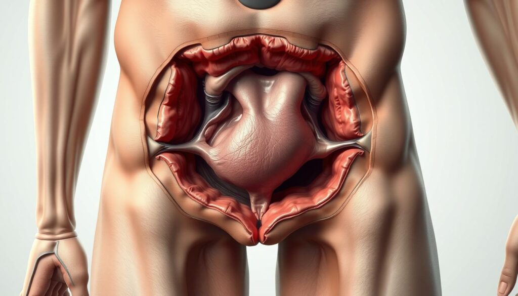 A detailed anatomical illustration of an inguinal hernia, or "przepuklina pachwinowa". The central focus is a cutaway view revealing the internal structures, including the abdominal wall, inguinal canal, and protruding tissue. The image is rendered with a clinical, medical illustration style using muted colors and high contrast to emphasize the surgical details. The lighting is soft and diffuse, creating depth and volume. The camera angle is slightly elevated to provide an clear view of the affected area. The overall mood is informative and educational, suitable for a medical reference or textbook.