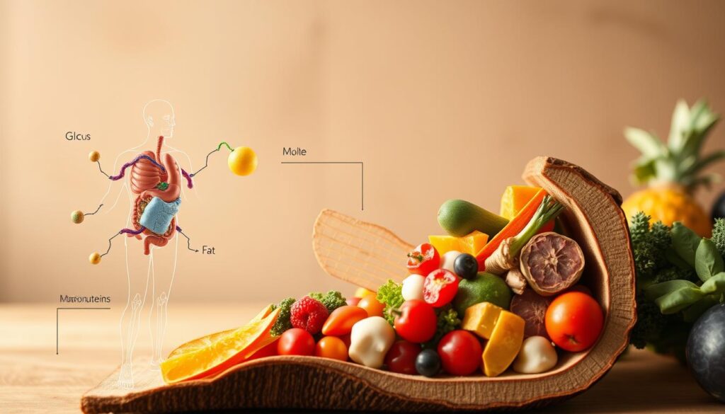 A detailed cross-section diagram showcasing the inner workings of the ketogenic diet. In the foreground, a vibrant representation of the metabolic process, with glucose and fat molecules in a tug-of-war, illustrating the body's shift to fat-burning mode. In the middle ground, a digestive system schematic highlighting the role of macronutrients and their proportions. In the background, a minimalist landscape of whole, low-carb foods cascading into the frame, creating a sense of balance and natural harmony. Lighting is soft and diffused, with a warm, earthy color palette to evoke a sense of wellness and vitality. The overall composition conveys the scientific principles and holistic nature of the ketogenic diet in a visually engaging and informative manner.