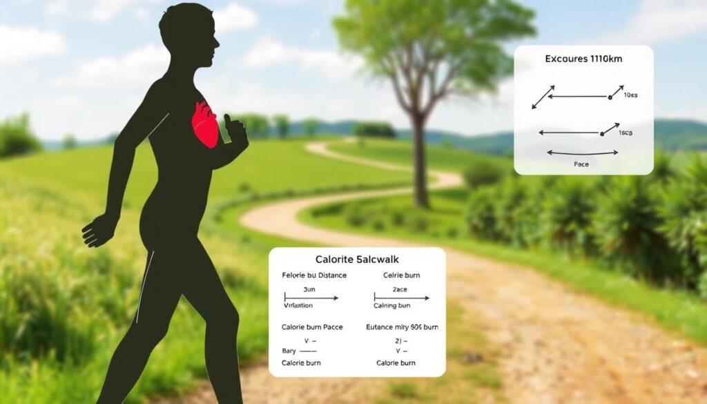 A detailed illustration of a person's body with key points highlighting the calorie-burning process during a 10 km walk. The foreground shows a full-body silhouette in profile, with lines and arrows pointing to specific areas like the legs, core, and heart, indicating the exertion and energy expenditure. The middle ground features a visual breakdown of calorie calculations, with simple charts and graphs displaying the relationship between distance, pace, and calorie burn. The background is a serene outdoor setting, with a winding path leading into a lush, verdant landscape, conveying a sense of the natural environment and the physical journey. The overall tone is informative and visually engaging, suitable for an educational article on calculating calories burned during a 10 km walk.