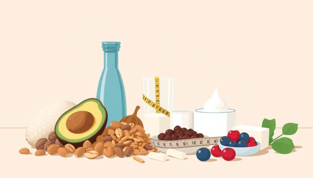A detailed illustration of the core principles of the ketogenic diet, depicting a serene, minimalist still life arrangement against a soft, muted background. In the foreground, a selection of low-carb, high-fat foods such as avocado, nuts, and high-fat dairy products are artfully arranged. In the middle ground, a measuring tape symbolizes the importance of macronutrient ratios, while a glass of water and a handful of berries represent the emphasis on hydration and limited fruit intake. The background features a simple gradient or textured surface, creating a sense of calm and focus on the key dietary elements. The overall mood is one of simplicity, balance, and a holistic approach to the ketogenic lifestyle.