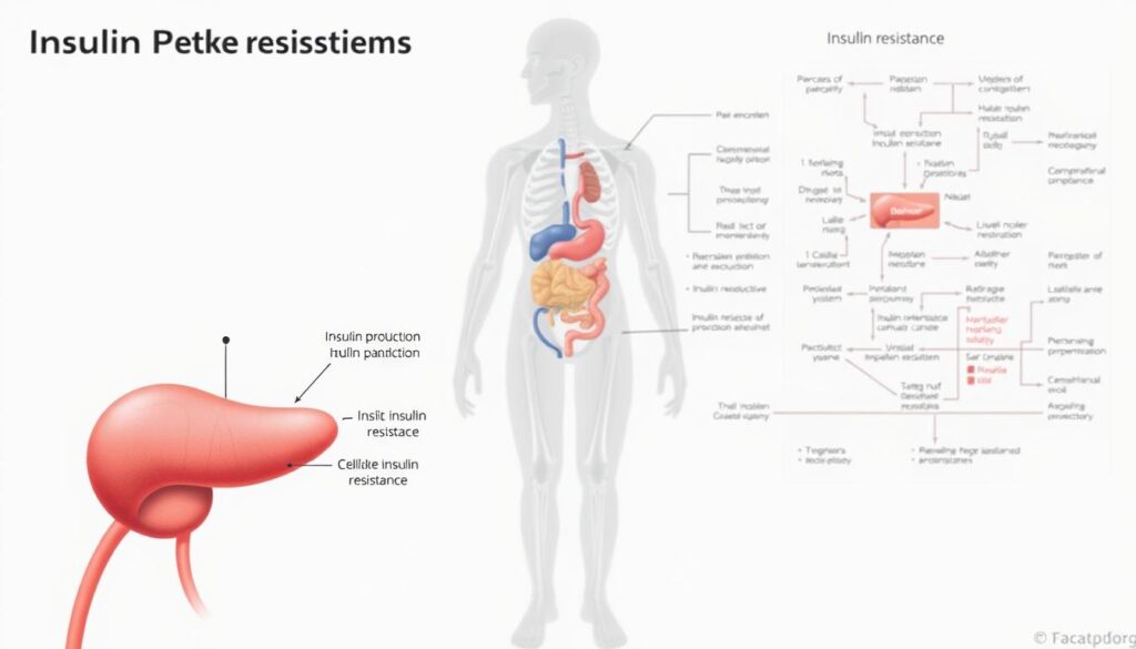 A detailed medical diagram depicting the relationship between insulin resistance and diabetes. In the foreground, a clear visual representation of the pancreas, insulin production, and cellular insulin resistance. In the middle ground, a cross-section of the human body highlighting the effects of insulin resistance on various organ systems. In the background, a schematic illustration of the metabolic pathways involved, with arrows and labels conveying the complex interplay between these two conditions. The overall mood is clinical yet informative, utilizing a neutral color palette and precise, technical illustrations to educate the viewer on this important health topic. A detailed medical diagram depicting the relationship between insulin resistance and diabetes. In the foreground, a clear visual representation of the pancreas, insulin production, and cellular insulin resistance. In the middle ground, a cross-section of the human body highlighting the effects of insulin resistance on various organ systems. In the background, a schematic illustration of the metabolic pathways involved, with arrows and labels conveying the complex interplay between these two conditions. The overall mood is clinical yet informative, utilizing a neutral color palette and precise, technical illustrations to educate the viewer on this important health topic.