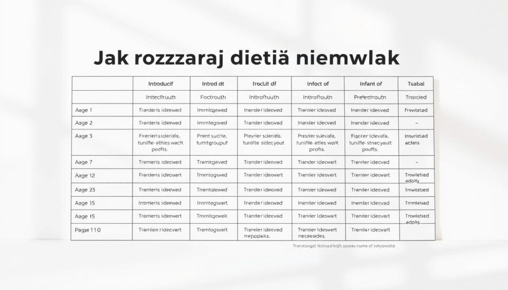 A detailed, neatly formatted table illustrating the gradual introduction of various food groups for a growing infant's diet. The table is set against a clean, neutral background with soft, natural lighting, creating a soothing, informative atmosphere. The table's rows clearly display the recommended ages for introducing each food group, along with additional details like portion sizes and preparation methods. The overall composition is balanced and visually appealing, ensuring the image effectively conveys the "Jak rozszerzać dietę niemowlaka tabela" section of the article. A detailed, neatly formatted table illustrating the gradual introduction of various food groups for a growing infant's diet. The table is set against a clean, neutral background with soft, natural lighting, creating a soothing, informative atmosphere. The table's rows clearly display the recommended ages for introducing each food group, along with additional details like portion sizes and preparation methods. The overall composition is balanced and visually appealing, ensuring the image effectively conveys the "Jak rozszerzać dietę niemowlaka tabela" section of the article.