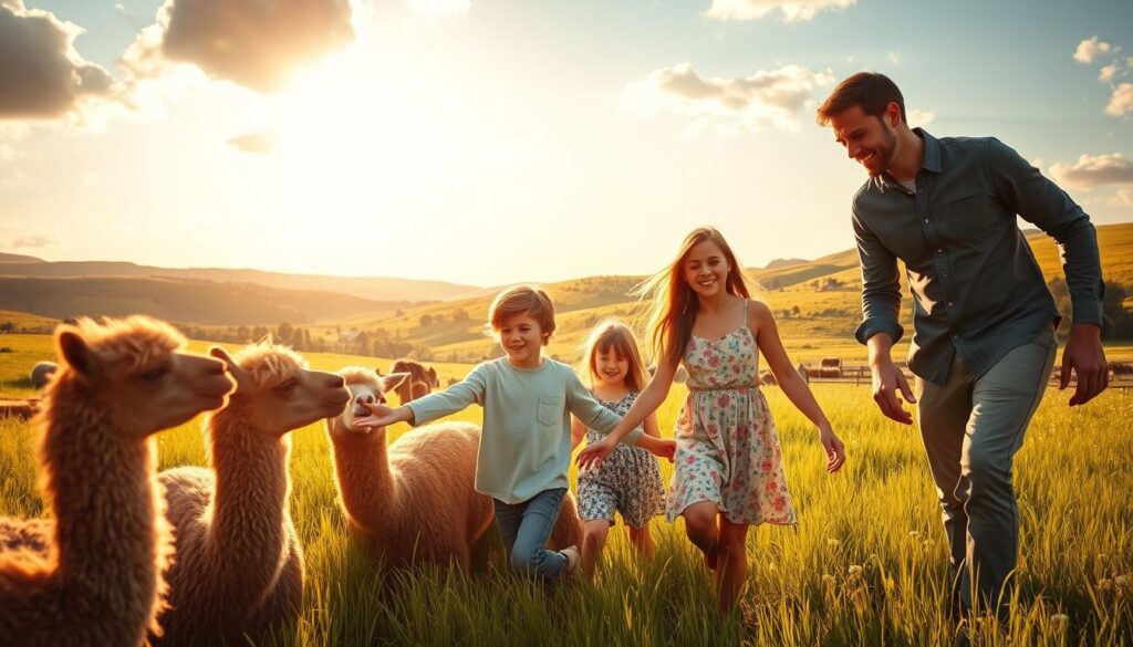 A family of four strolling through a lush, verdant meadow, surrounded by a herd of friendly alpacas. The children's delighted expressions capture the magic of the moment as they reach out to gently pet the soft, wooly creatures. Warm, golden sunlight filters through scattered clouds, casting a serene glow over the pastoral scene. In the distance, rolling hills dotted with wildflowers create a picturesque backdrop. The family's relaxed postures and joyful interactions convey a sense of tranquility and connection with nature.