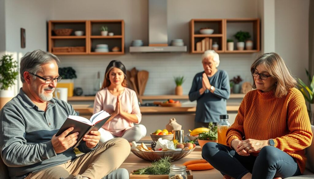 A group of diverse individuals engaged in various activities, set against a clean, modern background. In the foreground, a middle-aged man reading a book, a young woman meditating, and an elderly person exercising. In the middle ground, a family preparing a meal together. In the background, a well-stocked kitchen with healthy, low-carb ingredients. The scene is bathed in warm, natural lighting, conveying a sense of balance, health, and contentment. The overall mood is one of inclusivity, emphasizing that the ketogenic diet can benefit people of all ages and lifestyles.