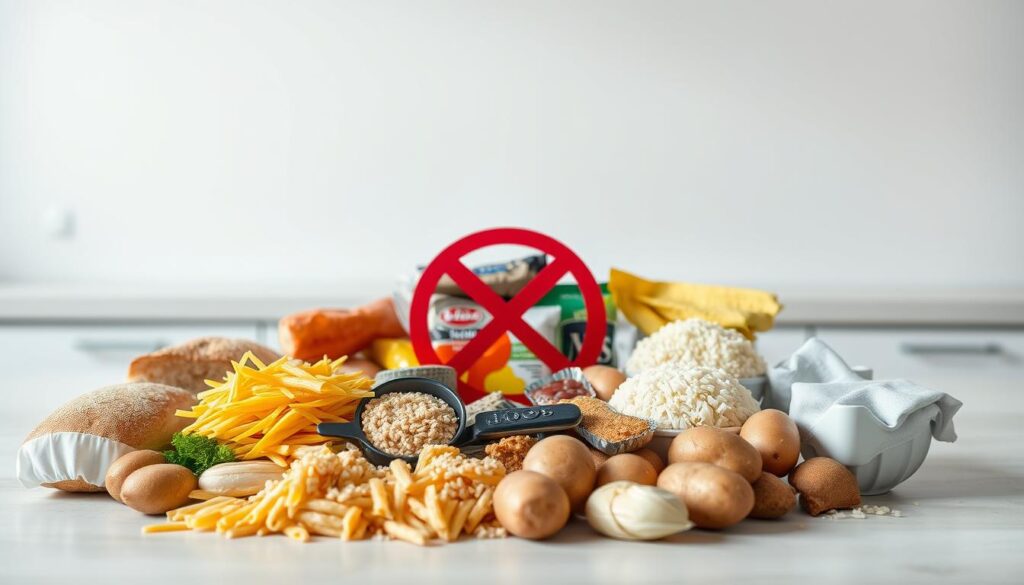 A high-resolution image depicting a selection of foods to avoid on a ketogenic diet, set against a clean, minimalist background. The foreground features an assortment of carbohydrate-rich items such as bread, pasta, rice, and potatoes, arranged in a visually appealing manner. The middle ground showcases a handful of sugary snacks and processed foods, while the background provides a sense of depth and context, perhaps with a faint outline of a kitchen or dining table. The overall mood is one of caution and guidance, encouraging the viewer to be mindful of the types of foods that should be limited or eliminated on a ketogenic eating plan. Soft, natural lighting and a shallow depth of field create a sophisticated, editorial-style aesthetic.