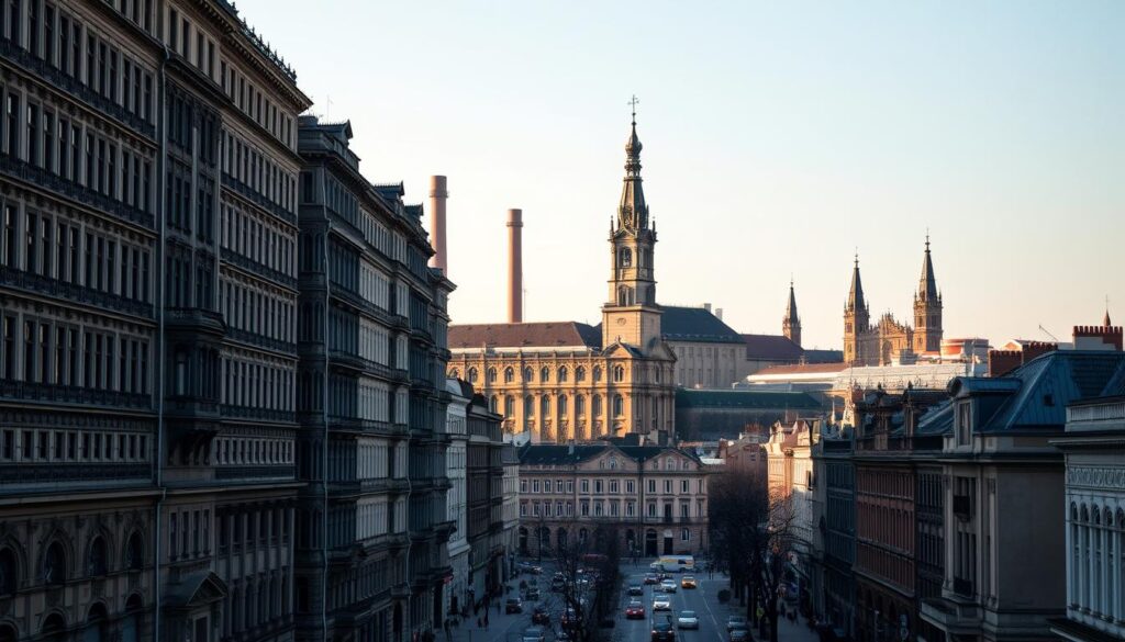 A historic city skyline adorned with the architectural marvels of Łódź, Poland. In the foreground, the majestic Piotrkowska Street bustles with life, lined by towering factory buildings and ornate, turn-of-the-century tenement houses. In the middle ground, the iconic Poznański Palace and the Church of St. Stanisław Kostka stand proud, their intricate facades bathed in warm, golden light. In the background, the silhouettes of factory chimneys and church spires pierce the sky, a testament to Łódź's industrial heritage. The scene exudes a sense of timeless elegance and quiet grandeur, inviting the viewer to explore the city's rich tapestry of history and culture.