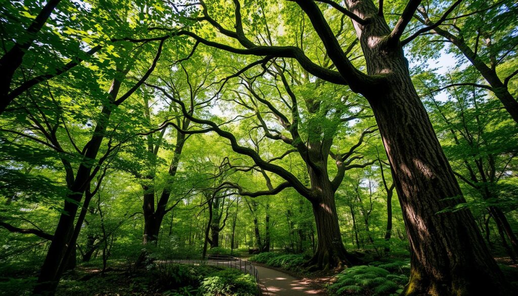 A lush canopy of verdant leaves stretches overhead, dappled sunlight filtering through the intricate network of branches. Towering trunks, their weathered bark reaching skyward, anchor this enchanting woodland trail. Underfoot, a carpet of moss and ferns invites exploration, while birdsong dances on the gentle breeze. The path winds through this verdant oasis, offering a serene respite from the outside world, a chance to commune with nature and experience the majesty of the Kłodzko Valley's treetop walkway.