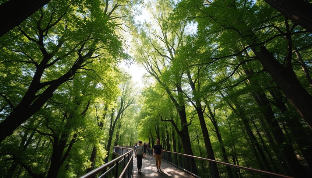 A lush forest canopy in Bukowina Tatrzańska, Poland, with sunlight filtering through the vibrant green leaves. Towering, majestic trees provide a natural cathedral-like atmosphere. Visitors stroll along a wooden walkway, surrounded by the tranquil ambiance of the treetops. The scene exudes a sense of wonder and connection with nature, inviting exploration of this unique, elevated perspective. Detailed, hyper-realistic rendering with a wide-angle lens, capturing the depth and grandeur of the treetop promenade.
