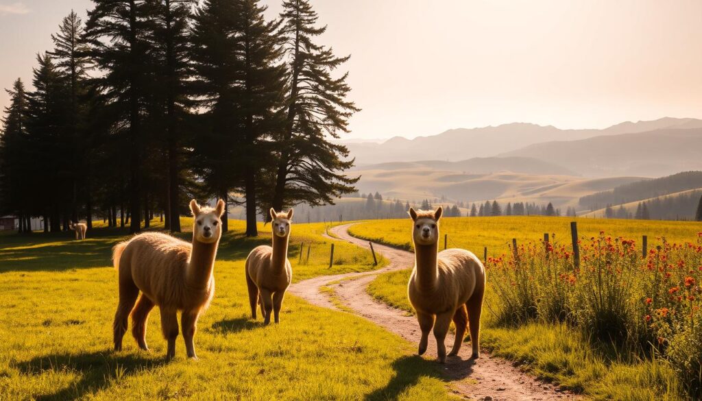 A lush, rolling meadow in the countryside near Kraków, bathed in warm, golden sunlight. In the foreground, a small herd of curious alpacas graze peacefully, their fluffy, caramel-colored coats glistening. The alpacas stand in a natural, relaxed pose, inviting the viewer to approach and interact with them. In the middle ground, a winding dirt path leads through the verdant landscape, flanked by towering pine trees and vibrant wildflowers. In the distance, the silhouettes of rolling hills and snow-capped mountains create a breathtaking backdrop, evoking a sense of tranquility and adventure. The overall scene conveys a serene, pastoral atmosphere, perfect for a leisurely stroll with these gentle, charismatic creatures.