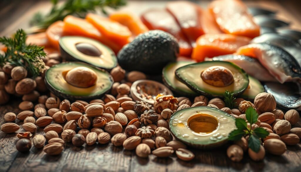 A lush, still life composition showcasing an assortment of high-fat, gluten-free food items. In the foreground, arrange a selection of nuts, such as almonds, walnuts, and hazelnuts, delicately scattered across a rustic, wooden surface. In the middle ground, position avocados, sliced to reveal their creamy green interiors, alongside a drizzle of extra virgin olive oil. In the background, include an array of fatty fish, such as salmon and mackerel, arranged in an artful display. Illuminate the scene with warm, natural lighting, casting soft shadows that accentuate the textures and colors of the ingredients. Convey a sense of wholesome, nourishing abundance, reflecting the health benefits of these gluten-free, high-fat food sources.