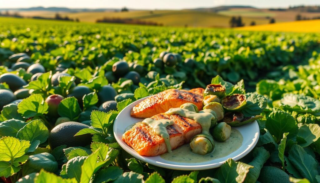 A lush, verdant field of leafy greens and vibrant vegetables, bathed in warm, golden sunlight. In the foreground, a selection of keto-friendly produce - avocados, spinach, broccoli, and other nutrient-dense ingredients. In the middle ground, a plate showcasing a delectable keto-friendly meal, featuring grilled salmon, roasted Brussels sprouts, and a creamy avocado-based dressing. In the background, a serene, pastoral landscape with rolling hills and a bright, cloudless sky. The scene conveys the abundance, nourishment, and overall well-being associated with the ketogenic diet.