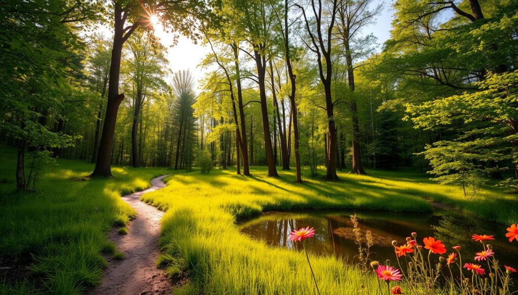 A lush, verdant forest canopy bathed in warm, golden sunlight filters down to a natural, grassy clearing below. A winding path leads deeper into the serene, tranquil landscape, inviting exploration of this untouched wilderness. In the foreground, vibrant wildflowers sway gently in a light breeze, their petals catching the sun's rays. A still, mirrored pond reflects the towering trees and fluffy clouds above, creating a sense of peaceful harmony. This enchanting scene captures the essence of eco-tourism and the joyful discovery of nature's unspoiled beauty.