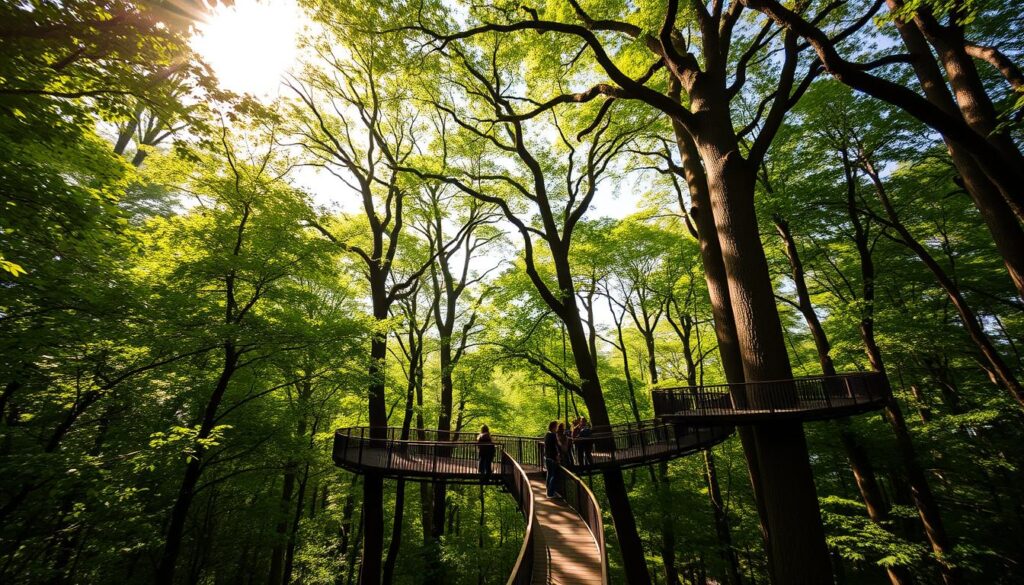 A lush, verdant forest canopy, sun-dappled and serene, envelops a winding elevated walkway in Pomiechówek. Visitors meander through the treetops, surrounded by a kaleidoscope of vibrant foliage and gently swaying branches. Intricate wooden structures blend seamlessly with the natural environment, offering a unique perspective and an immersive experience. The warm, golden light filters through the leaves, creating a captivating play of light and shadow. Towering oak, birch, and pine trees reach skyward, their interlocking crowns forming a living cathedral. Birdsong and the rustling of leaves create a soothing, tranquil ambiance, inviting guests to pause, breathe, and fully absorb the enchanting atmosphere of this exceptional attraction near Warsaw.