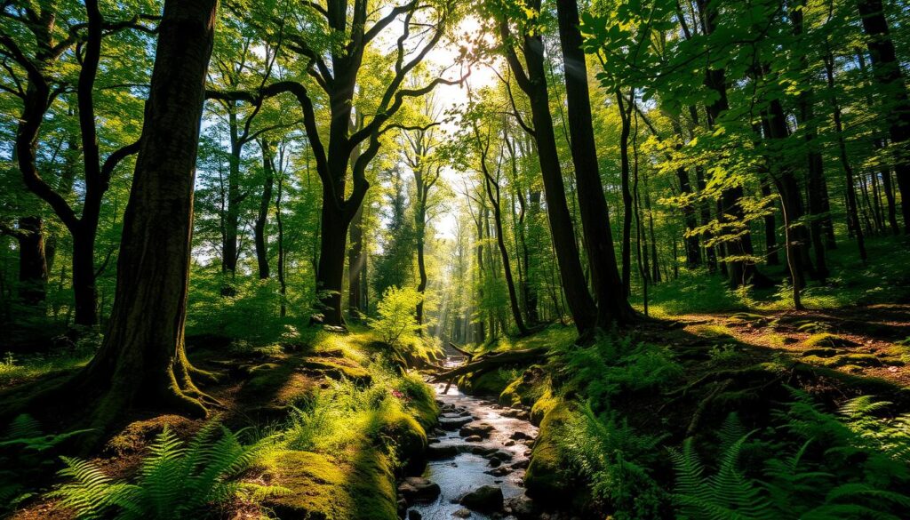 A lush, verdant forest in the heart of Germany, sunlight filtering through the towering canopy of ancient deciduous trees. Gnarled trunks and branches reach skyward, their leaves rustling in the gentle breeze. A tranquil stream meanders through the undergrowth, its banks lined with vibrant ferns and wildflowers. Rays of golden light dance across the forest floor, illuminating the rich, earthy tones of the soil. An abundance of diverse flora and fauna thrives in this serene natural sanctuary, a true testament to the natural beauty and biodiversity of the German landscape. A lush, verdant forest in the heart of Germany, sunlight filtering through the towering canopy of ancient deciduous trees. Gnarled trunks and branches reach skyward, their leaves rustling in the gentle breeze. A tranquil stream meanders through the undergrowth, its banks lined with vibrant ferns and wildflowers. Rays of golden light dance across the forest floor, illuminating the rich, earthy tones of the soil. An abundance of diverse flora and fauna thrives in this serene natural sanctuary, a true testament to the natural beauty and biodiversity of the German landscape.