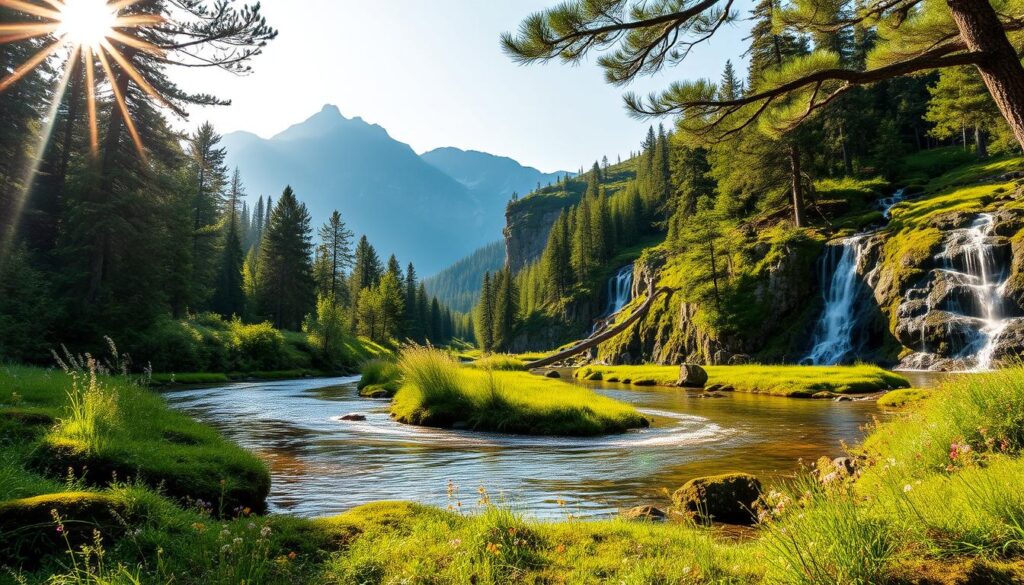 A lush, verdant landscape of Białka Tatrzańska, with its crystal-clear streams and cascading waterfalls set against the majestic backdrop of the Tatra Mountains. Sunlight filters through the canopy of ancient pine and spruce trees, casting a warm, golden glow over the scene. In the foreground, a meandering river reflects the surrounding natural beauty, its banks dotted with vibrant wildflowers and moss-covered rocks. Farther in the distance, rugged cliffs and towering peaks rise up, their slopes covered in a patchwork of evergreens and alpine meadows. The overall atmosphere is one of serenity and tranquility, inviting the viewer to immerse themselves in the unspoiled wonder of this natural oasis.