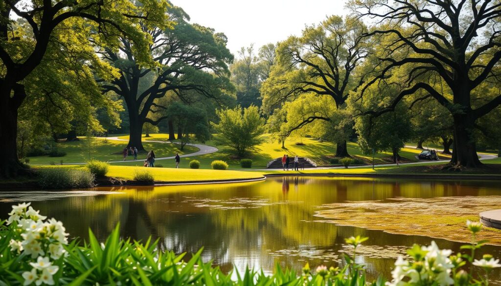 A lush, verdant landscape of the most beautiful parks in Silesia, Poland. In the foreground, a tranquil pond reflects the surrounding trees and flowers, creating a serene atmosphere. In the middle ground, people leisurely stroll along winding paths, enjoying the peaceful ambiance. The background features towering oak and maple trees, their branches casting dappled shadows across the scene. The lighting is soft and diffused, lending a warm, golden glow to the idyllic setting. The image captures the natural beauty and charm of Silesia's renowned public green spaces, inviting the viewer to explore and experience their timeless allure.