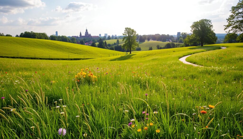 A lush, verdant meadow nestled within the urban sprawl of Krakow, Łąki Nowohuckie offers a serene oasis of natural beauty. Vibrant wildflowers sway gently in the breeze, creating a tapestry of colors against the backdrop of rolling hills. Meandering paths wind through the tall grasses, inviting visitors to explore the tranquil landscape. Dappled sunlight filters through the canopy of nearby trees, casting a warm, golden glow over the scene. In the distance, the silhouettes of historic buildings and modern architecture create a captivating contrast, highlighting the harmony between nature and the city. This idyllic setting provides a peaceful retreat from the bustling urban environment, offering a true respite for the senses.