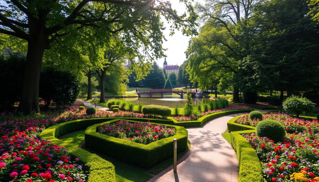 A lush, verdant park in the heart of Wrocław, Poland. In the foreground, a winding path meanders through a sea of vibrant flowers and neatly trimmed hedges. Sunlight filters through the canopy of towering trees, casting a warm, golden glow over the scene. In the middle ground, a picturesque pond reflects the surrounding greenery, with a charming footbridge spanning its gentle waters. Beyond, glimpses of historic architecture peek through the foliage, hinting at the city's rich cultural heritage. The atmosphere is serene and inviting, beckoning visitors to stroll, relax, and immerse themselves in the tranquil beauty of this urban oasis.