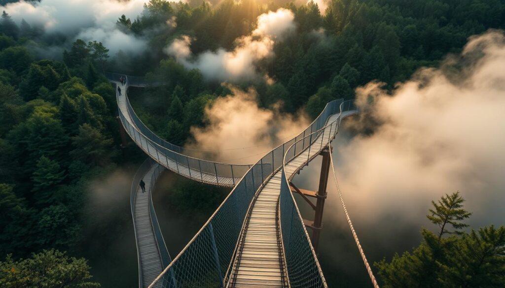 A magnificent aerial walkway suspended amidst the lush, verdant forests of Dolni Morava, Czech Republic. Visitors traverse this captivating structure, enveloped in wispy, ethereal clouds that drift gracefully through the treetops. Sunlight filters through the mist, casting a warm, dreamlike glow upon the wooden planks and sturdy steel cables. The walkway's sinuous curves hug the contours of the hillside, offering breathtaking vistas of the rolling countryside below. Hikers gaze in awe at the panoramic landscape, marveling at the seamless integration of this engineering marvel with the natural environment. Capture the essence of this enchanting "Spacer w Chmurach" - a truly unique and immersive experience amidst the splendor of the Dolni Morava region.
