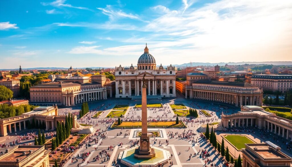 A majestic bird's-eye view of the Vatican City, with its iconic St. Peter's Basilica and Sistine Chapel at the center. The grandiose Baroque architecture stands tall against a vibrant azure sky, bathed in warm, golden sunlight. In the foreground, the ornate St. Peter's Square is bustling with visitors, their tiny figures dwarfed by the towering obelisk and the elaborate fountains. The middle ground reveals the Vatican's lush gardens, dotted with cypress trees and ancient Roman ruins, while the distant horizon is framed by the rolling hills of Rome. This captivating scene captures the essence of the Vatican's stunning beauty and rich history, inviting the viewer to embark on an unforgettable walking tour of this iconic destination.