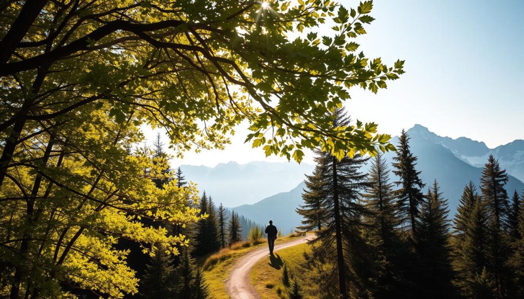 A majestic landscape of the Tatra Mountains, capturing the essence of its captivating tourist attractions. In the foreground, a lush, verdant canopy of trees, their branches reaching towards the sky. Sunlight filters through the leaves, casting a warm, golden glow over the scene. In the middle ground, a winding path, inviting hikers to explore the enchanting forest. Towering, snow-capped peaks rise in the distance, their rugged grandeur framing the tranquil setting. The air is crisp and clear, infusing the atmosphere with a sense of tranquility and adventure. The composition evokes a feeling of serenity and wonder, perfectly capturing the essence of the Tatra Mountains' natural beauty.