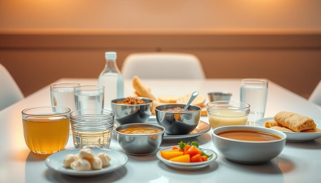 A meticulously curated arrangement of clear liquids, broth, and soft, easily digestible foods laid out on a clean, neutral-toned table. The scene is illuminated by warm, diffused lighting, creating a soothing, clinical ambiance. The composition focuses on the foreground, showcasing the various elements of the pre-colonoscopy menu, with a slightly blurred background providing context. The items are carefully positioned to create a visually appealing and organized display, reflecting the importance of this dietary preparation. The overall mood conveys a sense of care, cleanliness, and medical precision.
