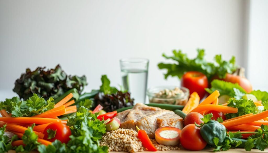 A meticulously prepared and balanced healthy diet, the foundation of managing insulin resistance. In the foreground, an array of vibrant, nutrient-dense foods - leafy greens, colorful vegetables, lean proteins, and whole grains. The middle ground features a glass of water, symbolizing the importance of hydration. In the background, a soft, natural lighting illuminates the scene, creating a serene, inviting atmosphere. The composition conveys a sense of wellness, discipline, and a holistic approach to addressing insulin resistance through dietary choices. The overall mood is one of simplicity, clarity, and a commitment to nourishing the body.