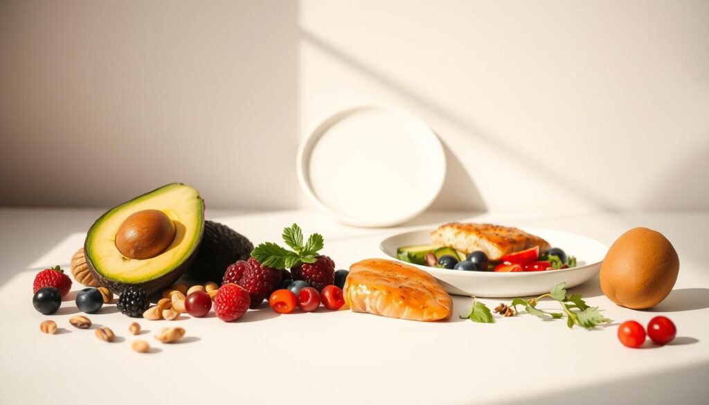 A minimalistic still life showcasing the key principles of the ketogenic diet. In the foreground, a selection of low-carb, high-fat foods such as avocado, nuts, and berries, arranged in a clean, elegant manner. The middle ground features a simple plate with a keto-friendly meal, perhaps grilled salmon and roasted vegetables. The background is a neutral, softly-lit setting, allowing the food to take center stage. The overall composition conveys a sense of simplicity, balance, and the essential elements of the ketogenic lifestyle. Warm, natural lighting casts gentle shadows, creating a calming, inviting atmosphere.