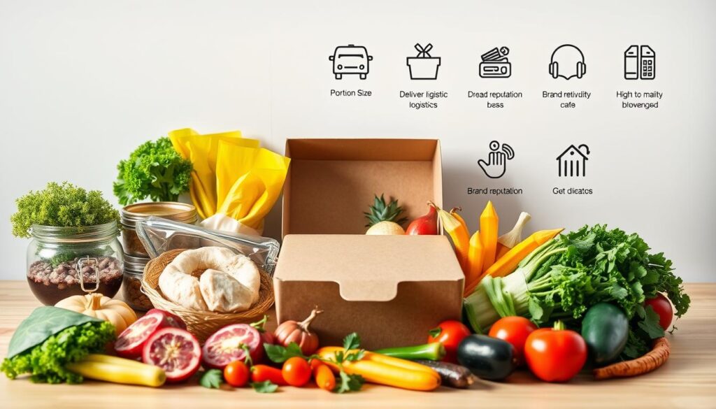 A neatly arranged composition showcasing the key factors influencing the cost of a meal delivery service. In the foreground, a selection of fresh, high-quality ingredients including meats, vegetables, and specialty items. In the middle ground, a sleek, modern meal box with a minimalist design. In the background, infographic-style icons representing factors such as portion size, delivery logistics, brand reputation, and dietary customization. The overall scene is lit with soft, natural lighting, creating a clean, professional aesthetic suitable for an informative article about meal delivery pricing.