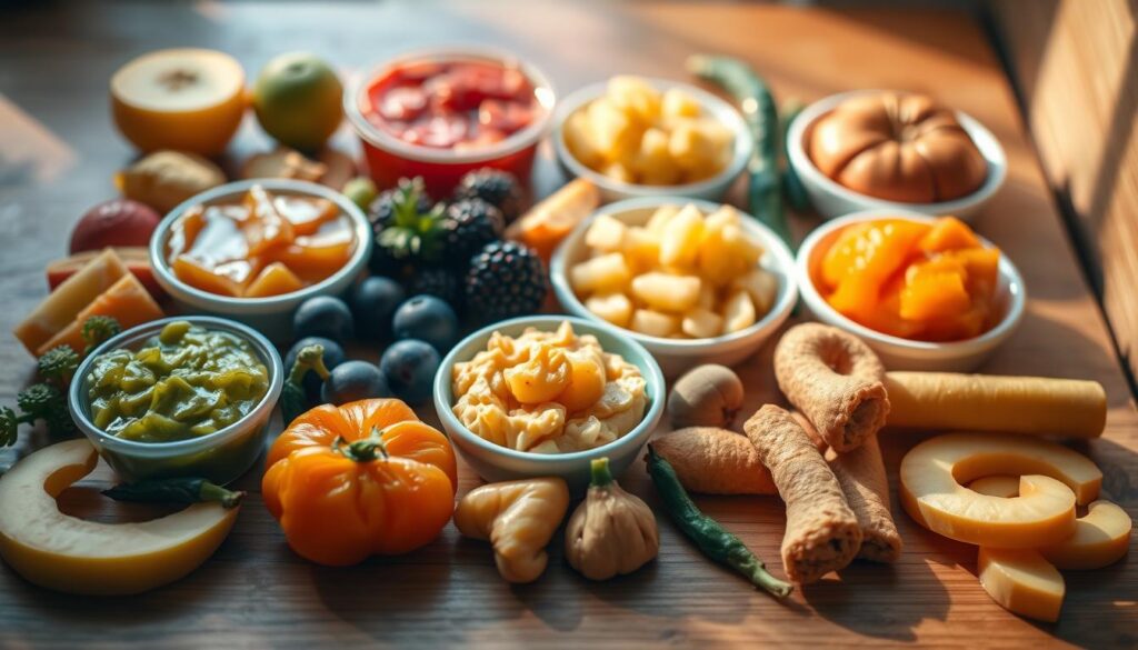 A neatly arranged spread of diverse baby foods - puréed fruits, mashed vegetables, and soft finger foods. Warm, natural lighting illuminates the scene, casting a soft glow. The image captures the process of introducing new textures and flavors to a baby's diet, with each item carefully positioned to showcase its unique color and consistency. The overall atmosphere is one of nurturing care and gentle exploration, reflecting the thoughtful approach to expanding a child's culinary horizons.