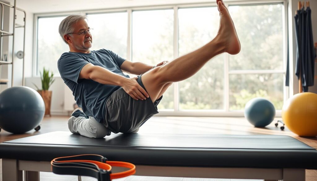 A patient in a physical therapy session, working on gentle exercises to rehabilitate their groin after a hernia surgery. The foreground shows the patient carefully stretching their leg, supported by a trained physiotherapist guiding their movements. The middle ground depicts specialized rehabilitation equipment like resistance bands and exercise balls. The background has a clean, modern clinic interior with natural lighting filtering in through large windows, creating a calm, therapeutic atmosphere. The overall scene conveys the patient's gradual recovery process through the skilled care of their medical team.