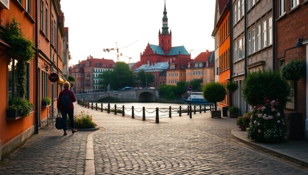 A peaceful stroll through the picturesque streets of Gdańsk, Poland. In the foreground, cobblestone paths wind through a historic city center, lined with charming buildings in warm, earthy tones. Intricate architectural details and lush greenery add to the old-world ambiance. The middle ground features the Motława River, its calm waters reflecting the surrounding structures and the iconic Żuraw crane. In the background, the iconic Basilica of St. Mary rises majestically, its red-brick facade and towering spires silhouetted against a soft, golden sky. The scene is illuminated by warm, natural lighting, creating a serene, inviting atmosphere perfect for a leisurely urban exploration.