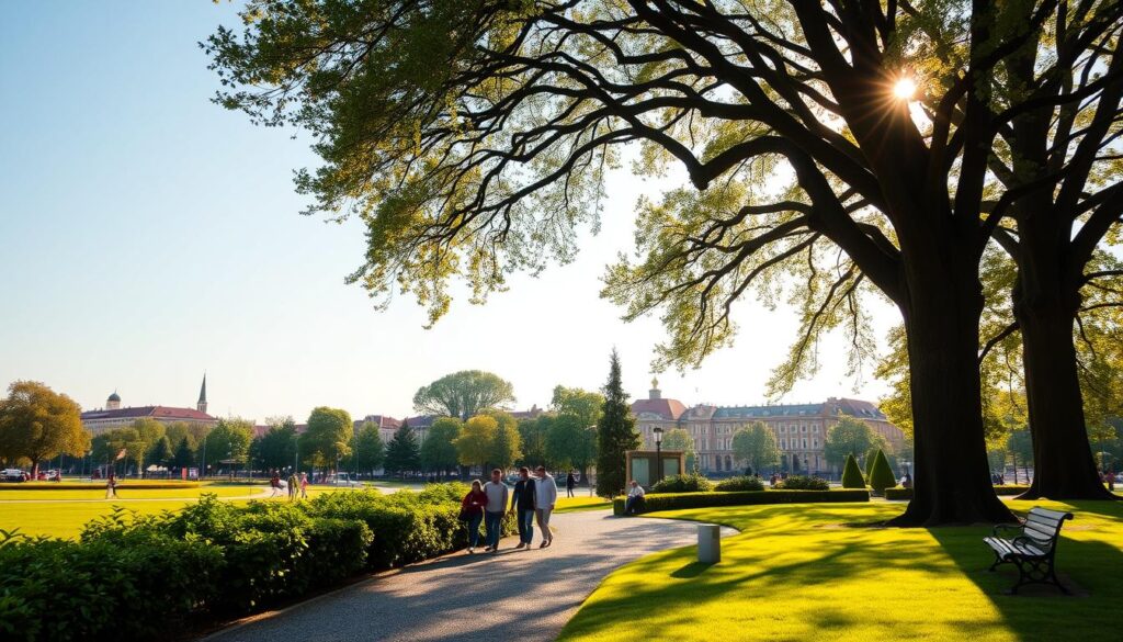 A peaceful, sun-dappled scene of Gdańsk's sprawling parks and promenades. In the foreground, lush greenery and neatly trimmed hedges line a meandering gravel path. Mid-ground, families stroll leisurely, couples sit on benches admiring the view. In the background, a towering avenue of mature trees frames the scene, their branches gently swaying in a soft breeze. Warm, golden light filters through the leaves, casting a tranquil, inviting atmosphere. The architecture of the city is visible in the distance, hinting at Gdańsk's historic charm. An idyllic haven for urban relaxation and outdoor exploration.