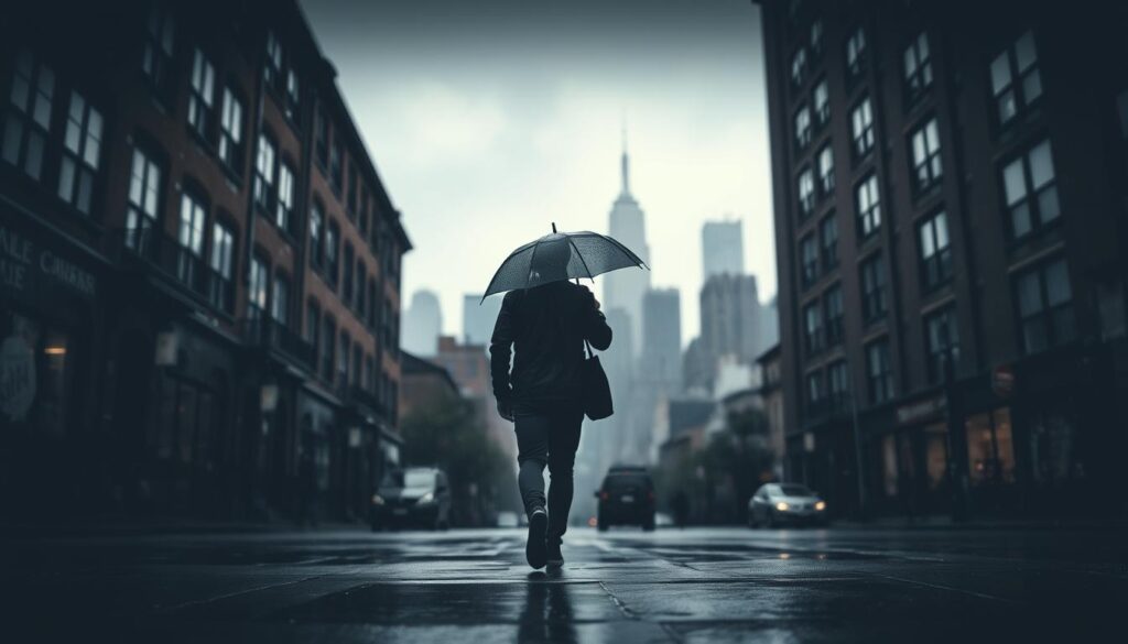 A person walking through a rainy city street, under a dreary gray sky. The foreground shows their rain-soaked silhouette, holding an umbrella as they stride purposefully along the wet pavement. The middle ground features rows of gloomy brick buildings, their windows reflecting the overcast light. In the background, a blurred cityscape with tall skyscrapers shrouded in a misty, rain-filled atmosphere. The scene conveys a melancholic, introspective mood, as the solitary figure braves the inclement weather. Moody, cinematic lighting creates dramatic shadows and highlights. Captured with a wide-angle lens to emphasize the urban setting.
