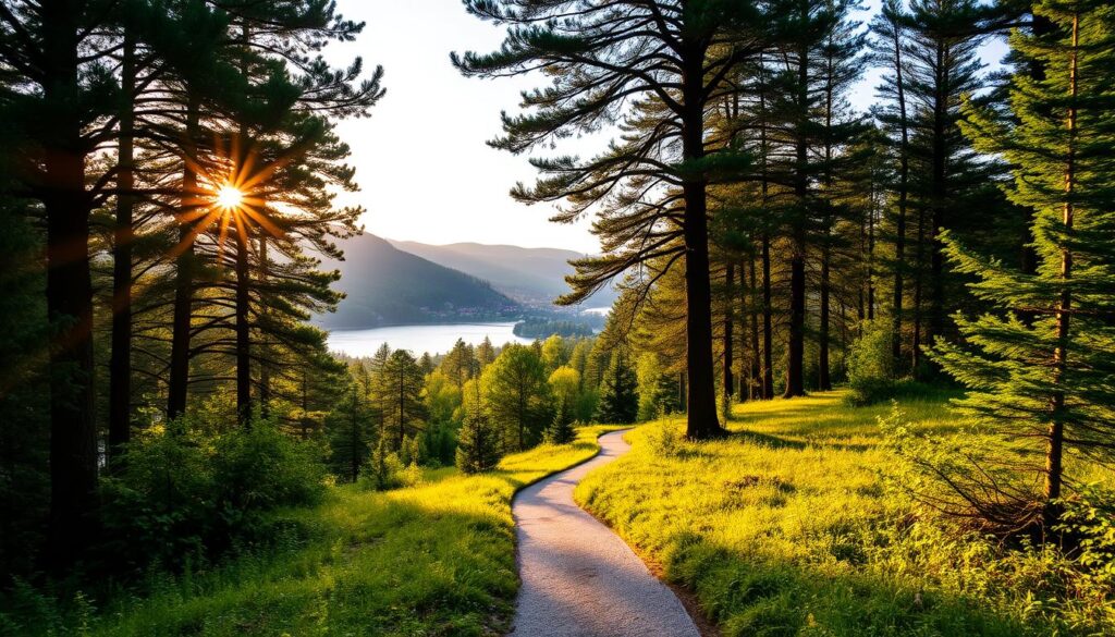 A picturesque landscape in the heart of Silesia, Poland. A winding path meanders through a lush, verdant forest, flanked by towering oak and pine trees. Shafts of warm, golden sunlight filter through the canopy, casting a serene, natural glow over the scene. In the distance, a serene lake reflects the surrounding landscape, its calm waters inviting visitors to pause and take in the tranquil atmosphere. Rolling hills dotted with charming villages rise in the background, creating a harmonious and inviting setting for a leisurely stroll. The overall mood is one of peaceful contemplation, encouraging visitors to immerse themselves in the natural beauty of this enchanting Silesian retreat.