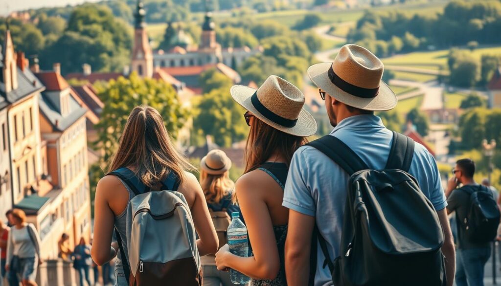 A picturesque scene of a casual stroll through the vibrant city of Poznań. In the foreground, a group of friends casually meandering, backpacks slung over their shoulders, capturing the essence of an urban adventure. The middle ground features the iconic Old Town buildings, their charming facades bathed in warm, golden afternoon light. In the background, the lush Citadel Park emerges, its verdant trees and winding paths inviting further exploration. The overall composition conveys a sense of relaxed exploration, with the subjects well-equipped for their city jaunt - water bottles, sun hats, and cameras at the ready. Crisp, high-resolution details bring this captivating Poznań promenade to life. A picturesque scene of a casual stroll through the vibrant city of Poznań. In the foreground, a group of friends casually meandering, backpacks slung over their shoulders, capturing the essence of an urban adventure. The middle ground features the iconic Old Town buildings, their charming facades bathed in warm, golden afternoon light. In the background, the lush Citadel Park emerges, its verdant trees and winding paths inviting further exploration. The overall composition conveys a sense of relaxed exploration, with the subjects well-equipped for their city jaunt - water bottles, sun hats, and cameras at the ready. Crisp, high-resolution details bring this captivating Poznań promenade to life.