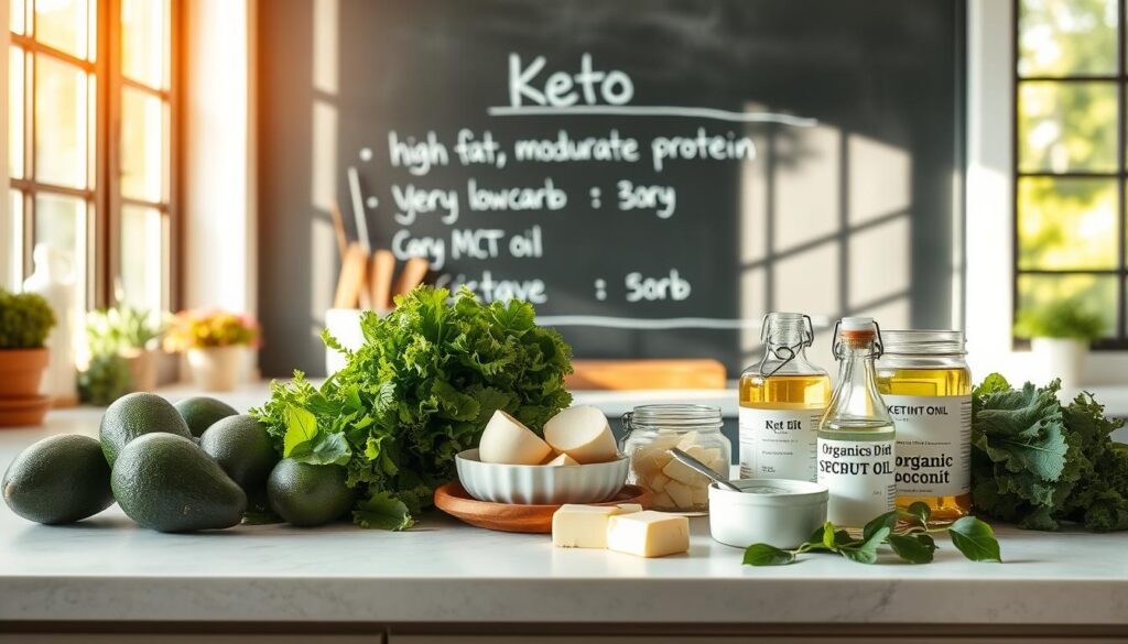 A pristine kitchen counter, bathed in warm, natural light filtering through large windows. On the counter, an array of keto-friendly ingredients are artfully arranged - fresh avocados, crisp green leafy vegetables, grass-fed butter, and glass jars filled with organic coconut oil and MCT oil. In the background, a chalkboard wall displays the key principles of the ketogenic diet - high fat, moderate protein, and very low carb. The scene conveys a sense of wellness, simplicity, and a commitment to a healthful, nourishing way of eating.